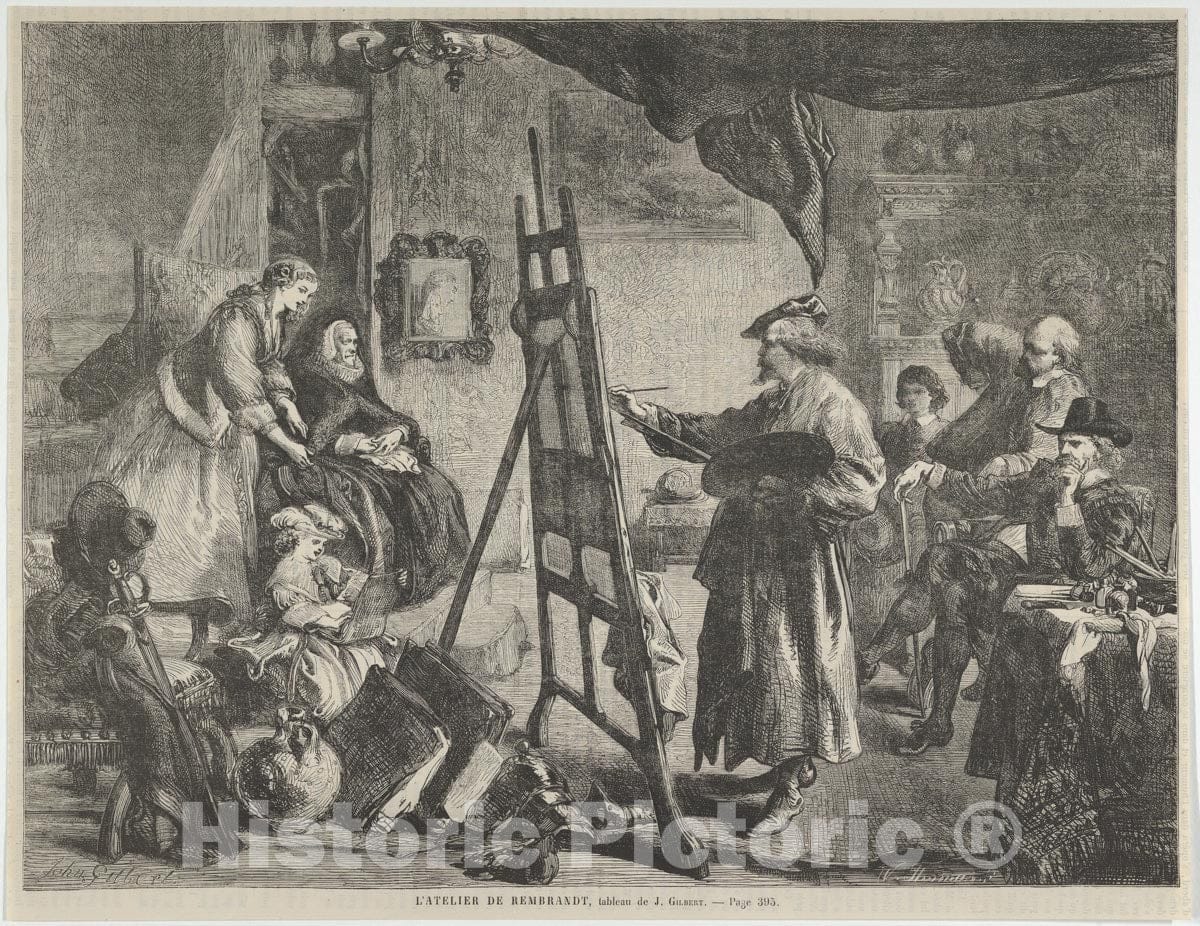 Art Print : William Luson Thomas - L’Atelier de Rembrandt, Tableau de J. Gilbert, from L’Univers Illustré, p. 395 : Vintage Wall Art
