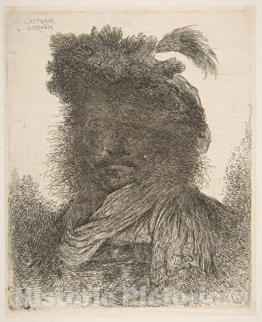 Art Print : Giovanni Benedetto Castiglione (Il Grechetto) - Head of a Man Plunged in Shadow 2 : Vintage Wall Art