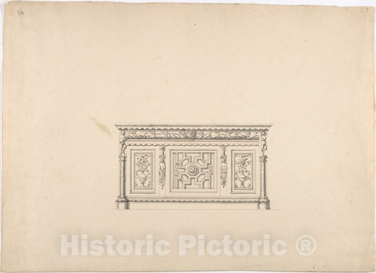 Art Print : British, 19th Century - Design for a Renaissance Style Carved Cabinet : Vintage Wall Art