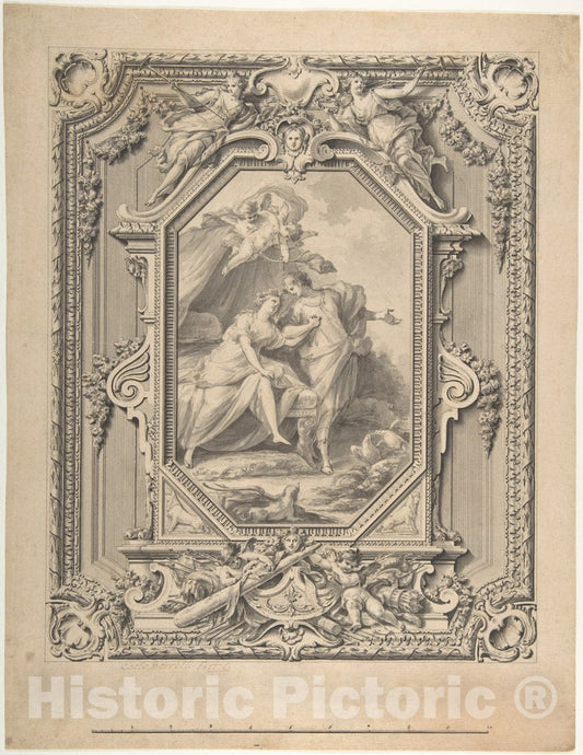 Art Print : Design for a Sculptured Frame with Garlands and Statues and a Painting of Two Human Figures with Puttis Inside The Frame. - Artist:Borrelli - 1776 : Vintage Wall Art