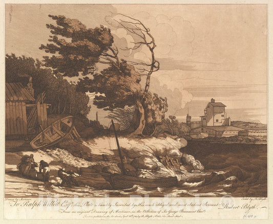 Art Print : Etched and published by Robert Blyth - Beaching a Fishing Boat in a Gale : Vintage Wall Art