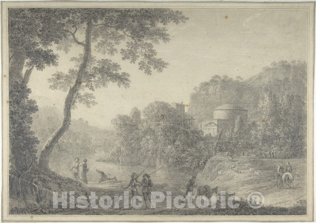 Art Print : Giovanni Battista (Titta) Lusieri - Classical Landscape with Hunters in The Foreground : Vintage Wall Art