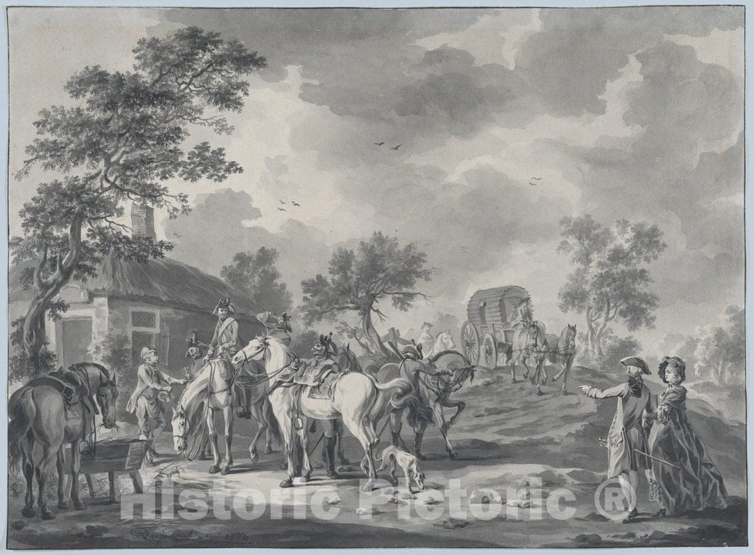 Art Print : Dirk Langendijk - A Gathering of Horsemen and a Coach Near a Watering Place : Vintage Wall Art