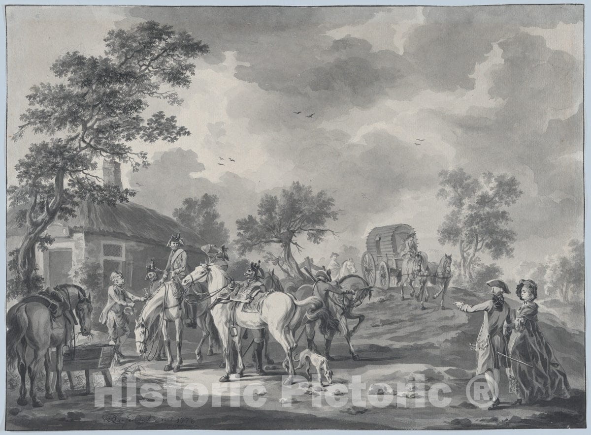 Art Print : Dirk Langendijk - A Gathering of Horsemen and a Coach Near a Watering Place : Vintage Wall Art