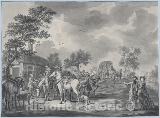 Art Print : Dirk Langendijk - A Gathering of Horsemen and a Coach Near a Watering Place : Vintage Wall Art