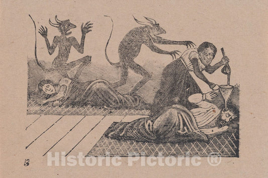 Art Print : José Guadalupe Posada - Plate 5: A Woman Pouring Lead into The Ear of her Sleeping Husband : Vintage Wall Art