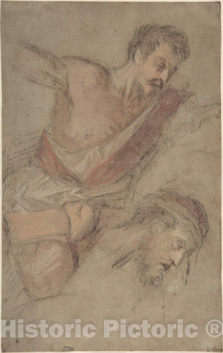 Art Print : Jacopo Bassano (Jacopo da Ponte) - Studies for a Scourging Soldier and The Head of Christ : Vintage Wall Art