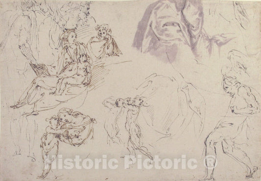 Art Print : Francesco Curia - Figure Studies: The Holy Family, a Running or Dancing Child, Drapery Studies : Vintage Wall Art