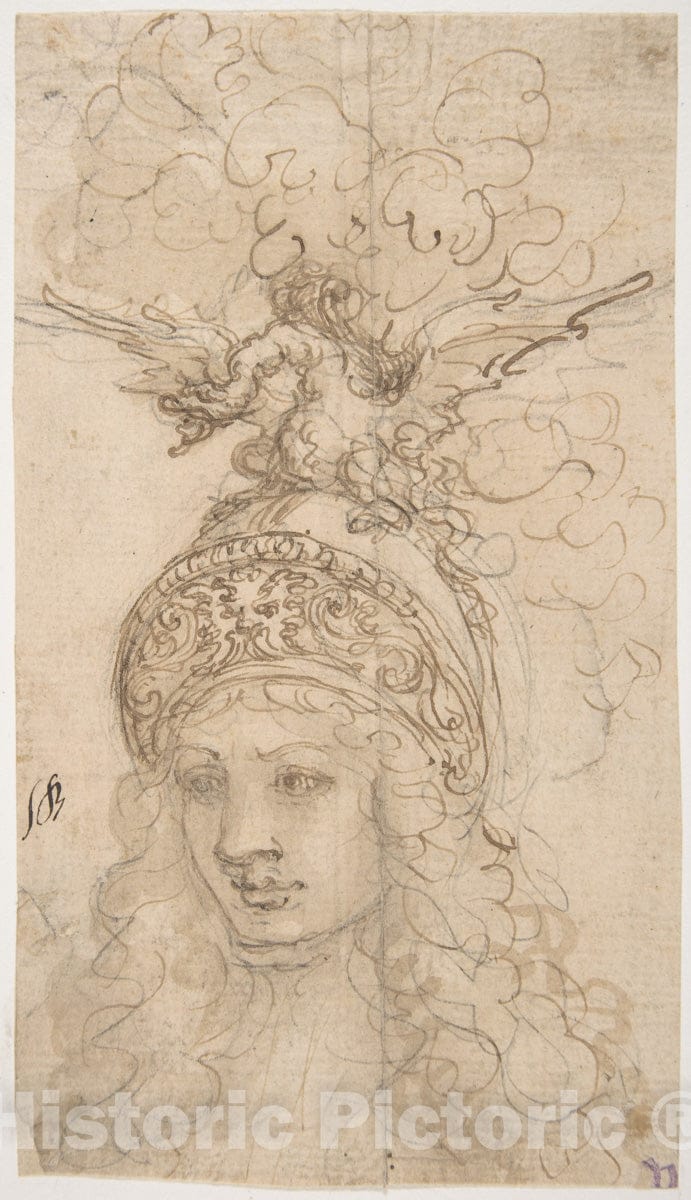 Art Print : Giovanni Battista Foggini - Design for a Helmet with a Dragon Presented in Frontal View : Vintage Wall Art