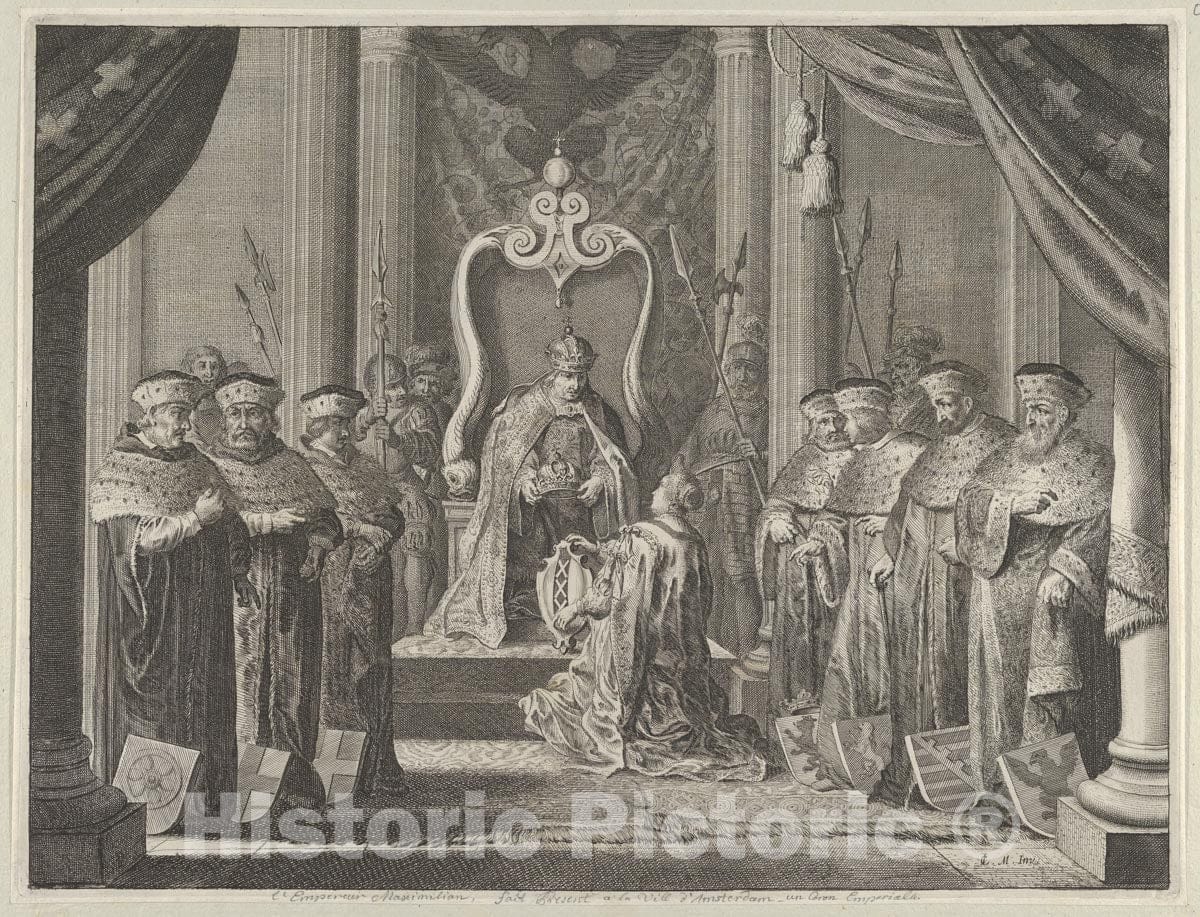 Art Print : Pieter Nolpe - Plate 8: Emperor Maximilian II granting a Crown to The Coat of arms of Amsterdam, from Caspar Barlaeus,Medicea Hospes : Vintage Wall Art