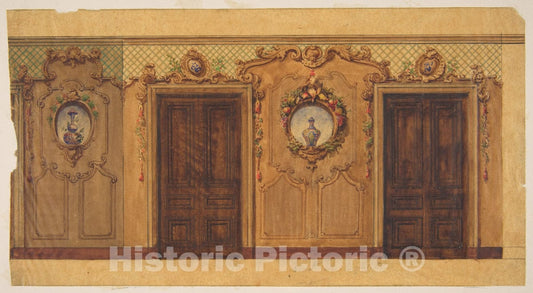 Art Print : Jules-Edmond-Charles Lachaise - Design for a Room with Double Doors Decorated with Garlands of Fruit and Flowers, Scrolls, and Lattice Work : Vintage Wall Art