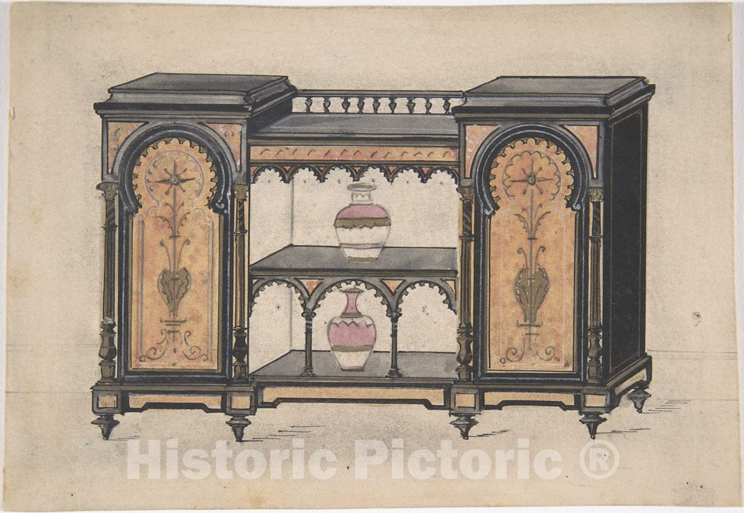 Art Print : British, 19th Century - Design for a Cabinet with Two Central Shelves and Arched Doors : Vintage Wall Art