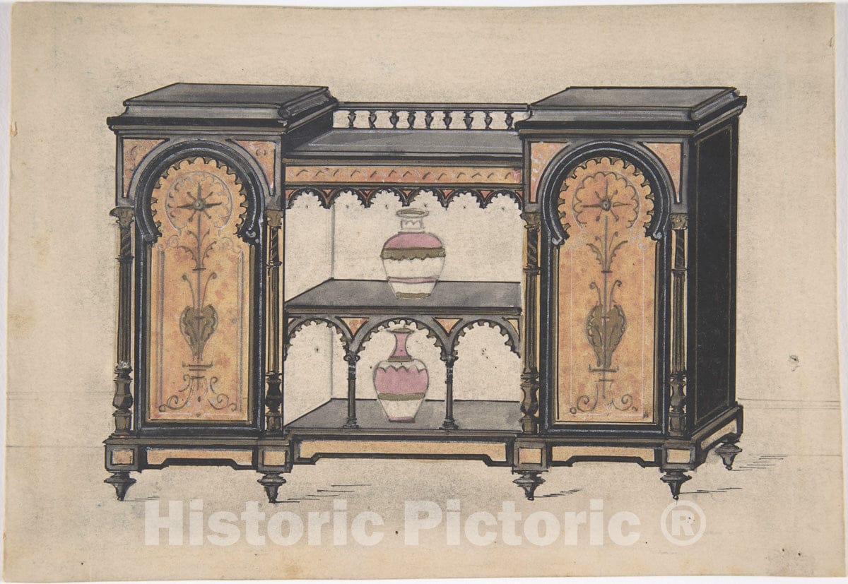 Art Print : British, 19th Century - Design for a Cabinet with Two Central Shelves and Arched Doors : Vintage Wall Art