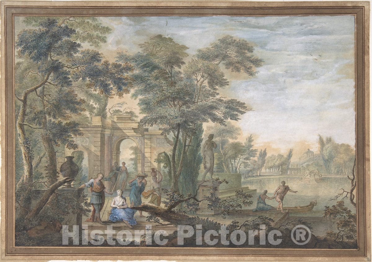 Art Print : Gerard Melder - Arcadian Landscape with Several Figures and a Statue of Diana : Vintage Wall Art