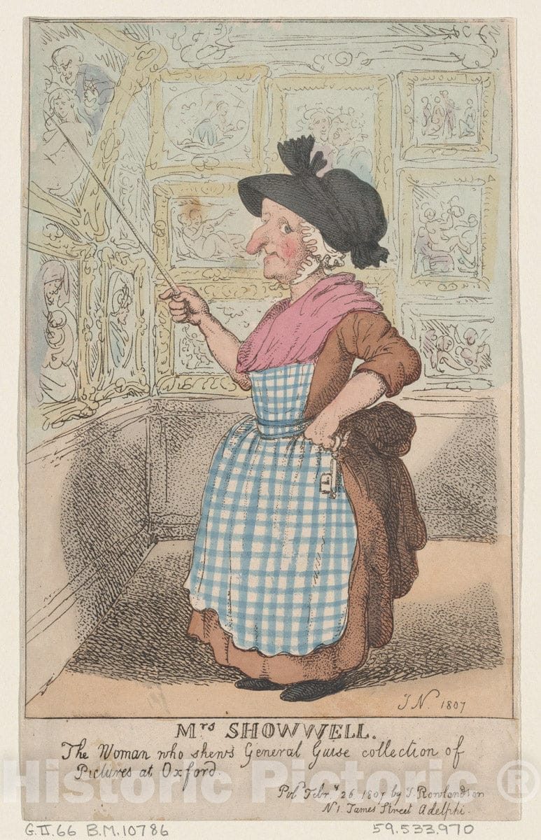 Art Print : Thomas Rowlandson - Mrs. Showell, The Woman who Shows General Guise's Collection of Pictures at Oxford : Vintage Wall Art