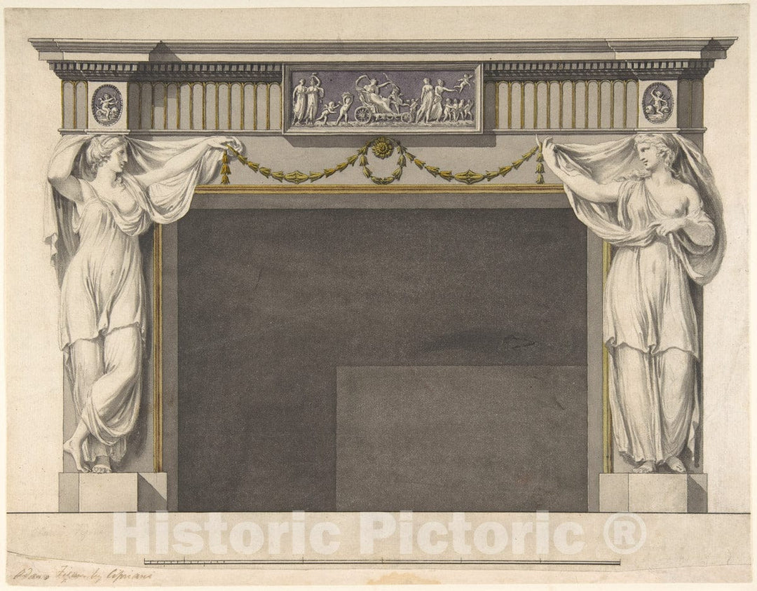 Art Print : Robert Adam - Design for a Chimney Piece in The Gallery, Now Dining Room, Harewood House, Yorkshire (Elevation) : Vintage Wall Art