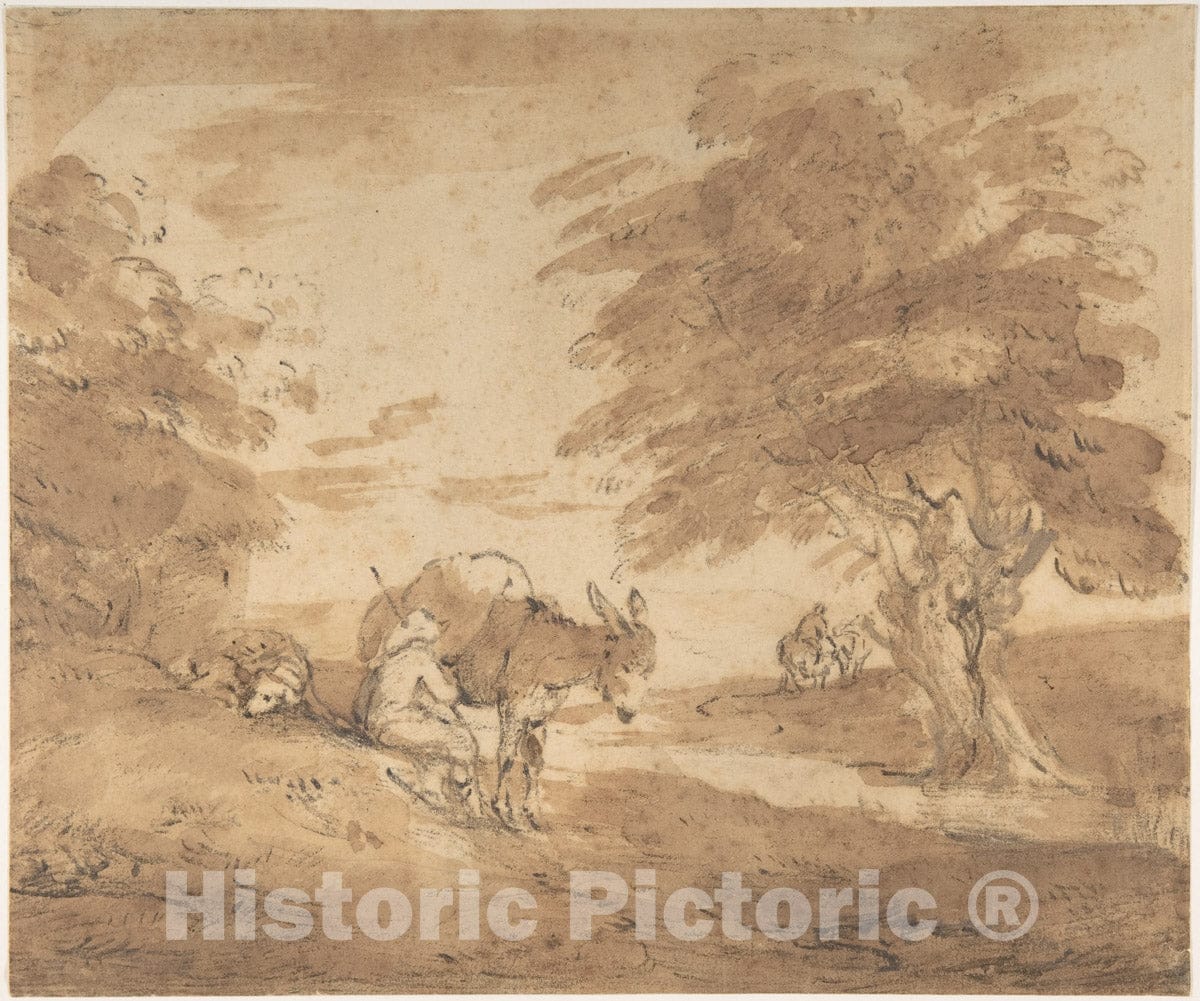 Art Print : Thomas Gainsborough - A Rest by The Way (Open Landscape with Figures, Donkey and Horses) : Vintage Wall Art