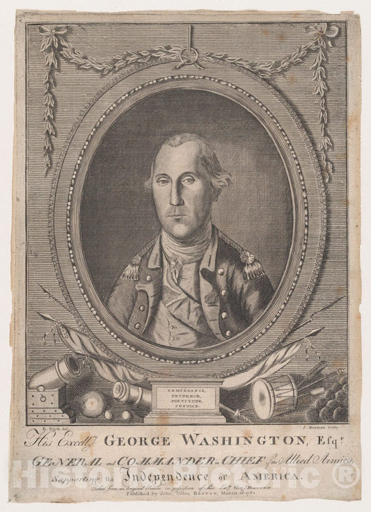 Art Print : John Norman - His Excellency George Washington, Esq-r, General and Commander in Chief of The Allied Armies, Supporting The Independence of America v.2 : Vintage Wall Art