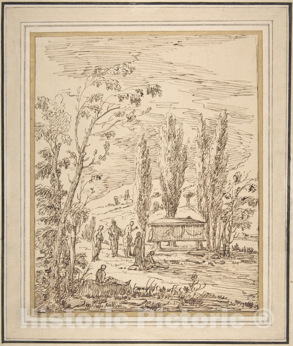 Art Print : Gian Antonio Burrini - Landscape with Figures Near a Tomb : Vintage Wall Art