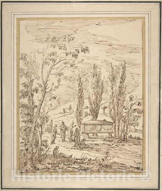 Art Print : Gian Antonio Burrini - Landscape with Figures Near a Tomb : Vintage Wall Art