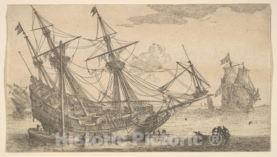 Art Print : Reinier Nooms, Called Zeeman - A Merchant Man Careened for Caulking The Hull : Vintage Wall Art