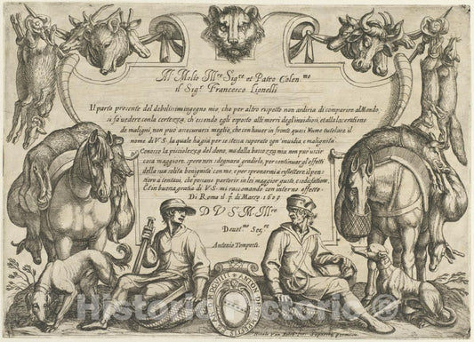 Art Print : Antonio Tempesta - Frontispiece with Hunters, Dogs and Horses, from 'Hunting Scenes VI' : Vintage Wall Art
