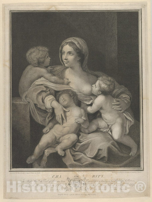 Art Print : Intermediary Draughtsman John Keyse Sherwin - Charity Seated Nursing an Infant, Another Sleeping on her Lap and a Third Talking to her, After Reni : Vintage Wall Art