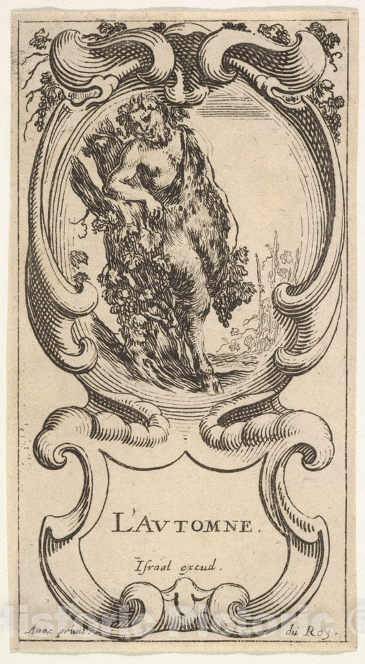 Art Print : Autumn, a Satyr with his Right arm on top of a Tree Trunk - Artist: Stefano Della Bella - Created: c1638 : Vintage Wall Art