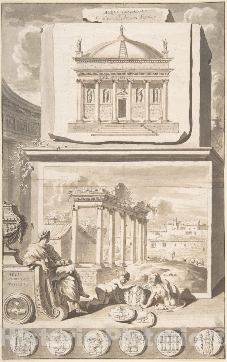 Art Print : Jan Goeree - A Reconstruction of The Aedes Concordiae (Above) and a View of The Ruins (Below) : Vintage Wall Art