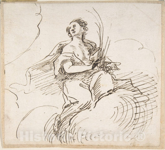 Art Print : Anonymous - Female Figure with Palm, Seated on Clouds : Vintage Wall Art