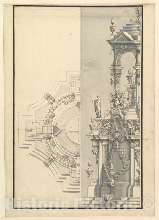 Art Print : Workshop of Giuseppe Galli Bibiena - Half Elevation and Half Ground Plan for a Catafalque for a Duke : Vintage Wall Art