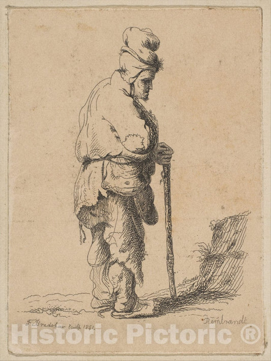 Art Print : F. Bradshaw - Beggar Leaning on a Stick (Reverse Copy) : Vintage Wall Art