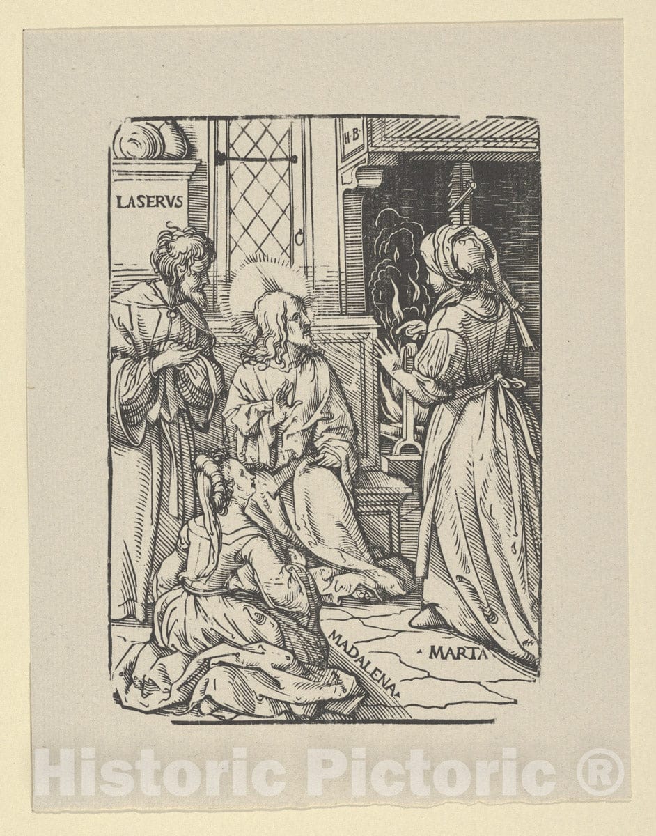 Art Print : Christ in The House of Lazarus, Martha and Mary - Artist: Hans Burgkmair - Created: 1922 : Vintage Wall Art