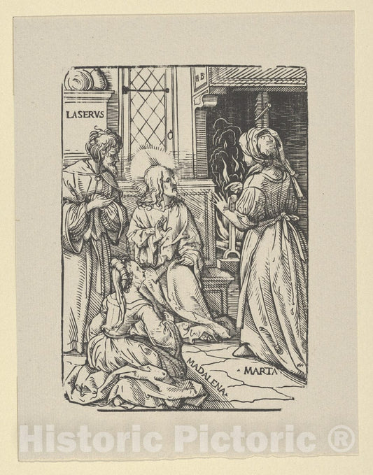 Art Print : Christ in The House of Lazarus, Martha and Mary - Artist: Hans Burgkmair - Created: 1922 : Vintage Wall Art