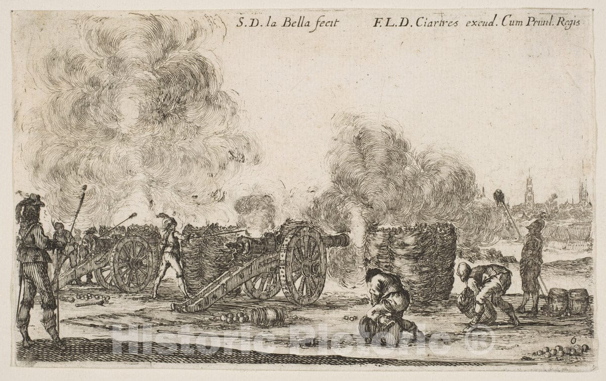 Art Print : Stefano Della Bella - Plate 6: Battery of Cannons Firing on a City, from 'Various Military Caprices' (Varii capricci Militari) 2 : Vintage Wall Art