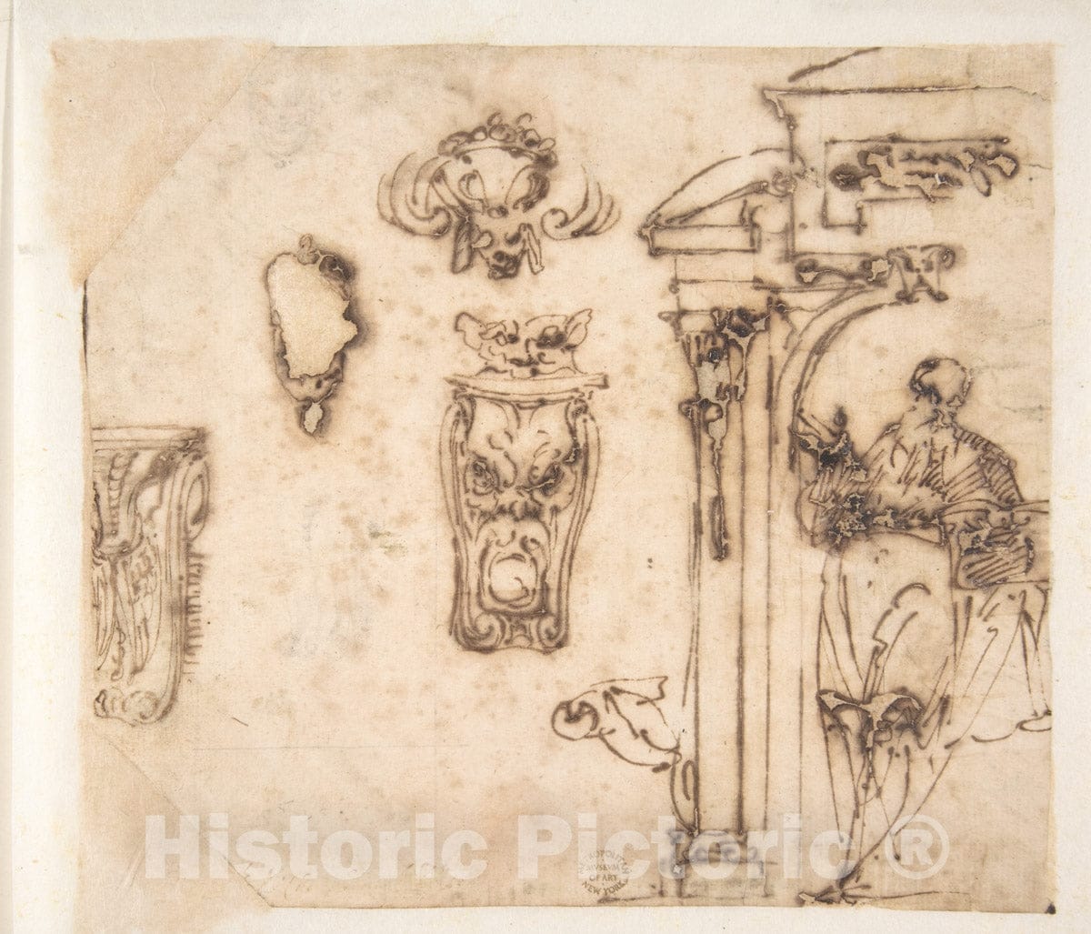 Art Print : School of Michelangelo Buonarroti - A Figure and Some Architectural Details. : Vintage Wall Art