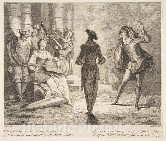 Art Print : Claude Gillot - Isabelle Plays Guitar for Pierrot and Scaramouche : Vintage Wall Art