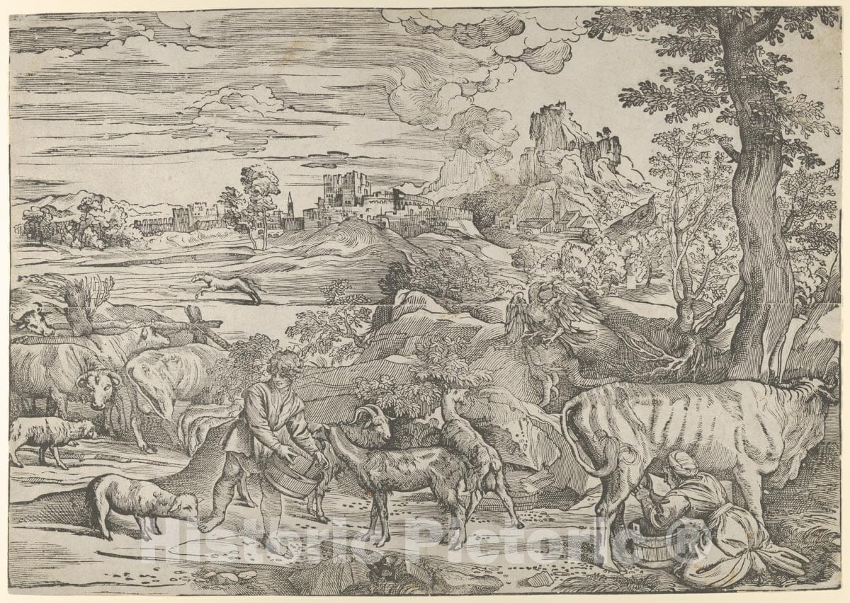 Art Print : Nicolò Boldrini - Landscape with a milkmaid at Right and a boy at Left : Vintage Wall Art