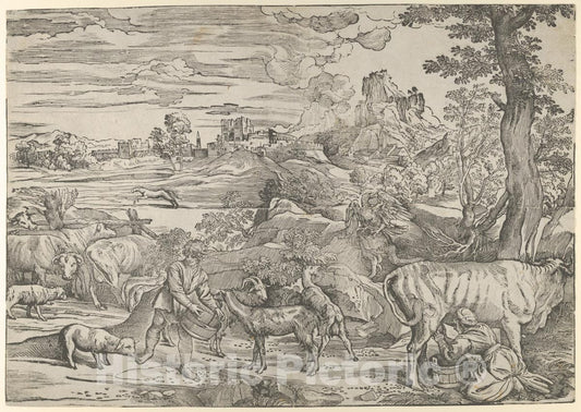 Art Print : Nicolò Boldrini - Landscape with a milkmaid at Right and a boy at Left : Vintage Wall Art