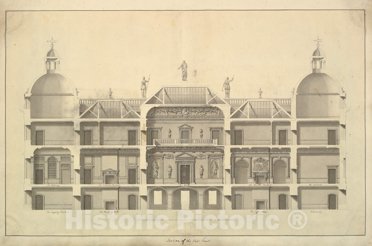 Art Print : Isaac Ware - Section of The East Front, Houghton Hall, Norfolk : Vintage Wall Art