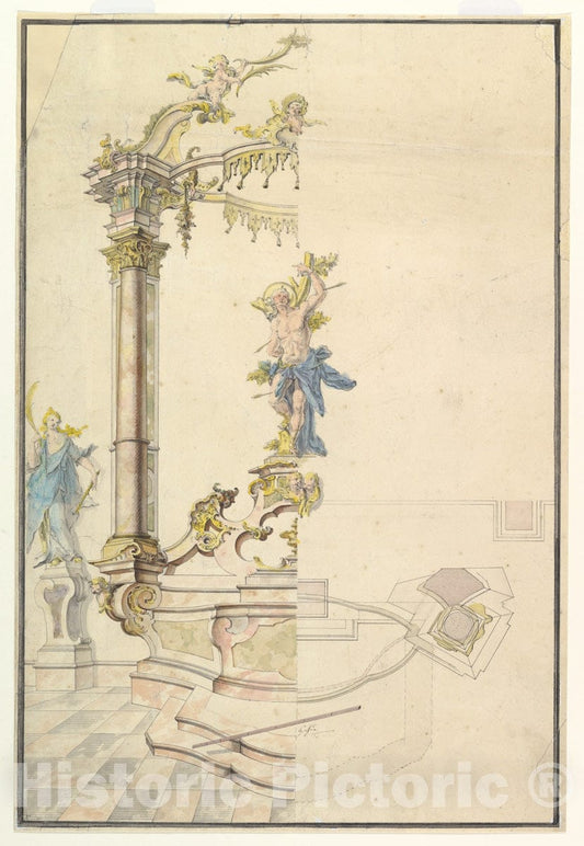 Art Print : Joseph Anton Feuchtmayer - Design for an Altarpiece with a Figure of St. Sebastian : Vintage Wall Art