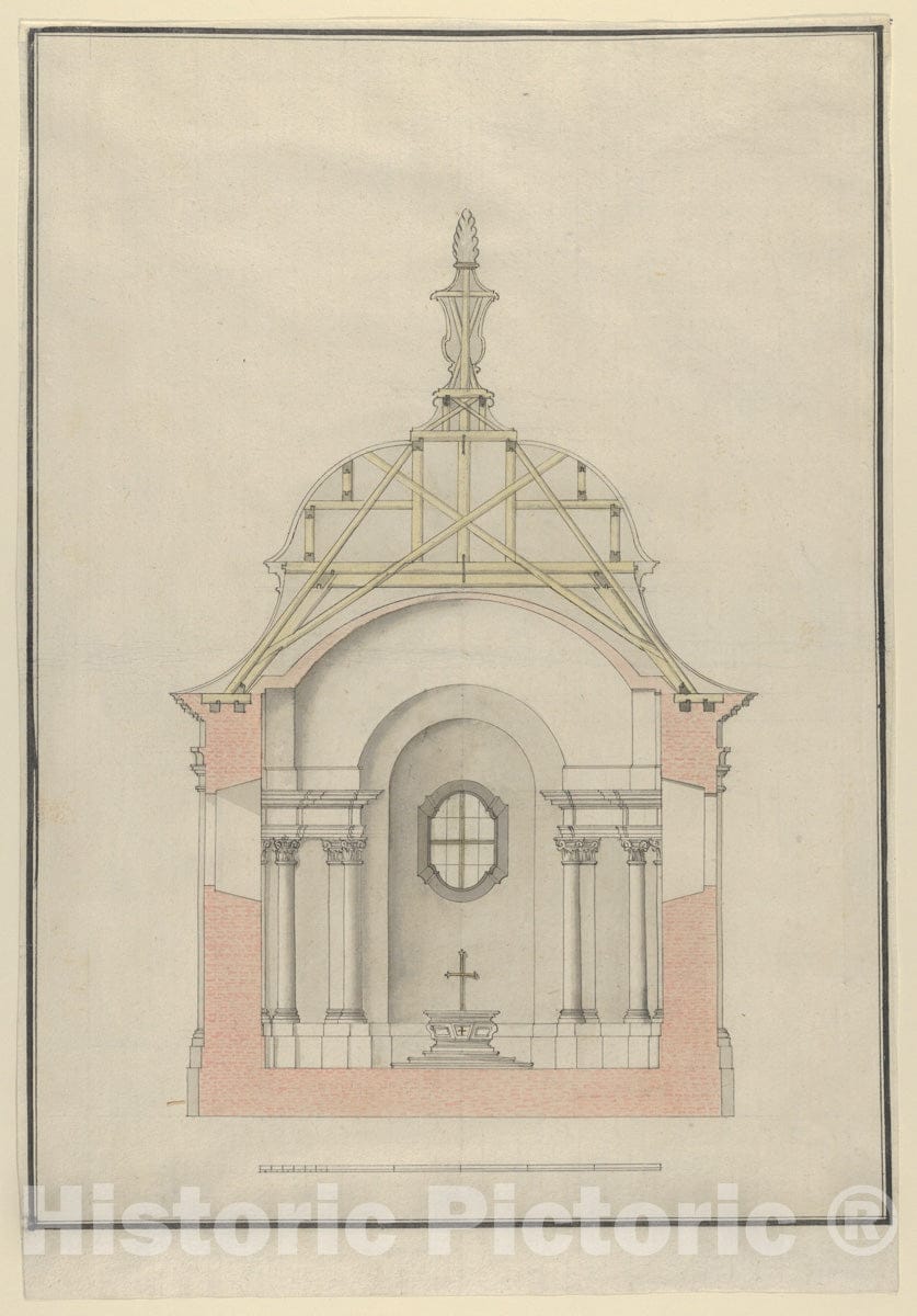 Art Print : Cross Section of a Baroque Church or Chapel with a Bell-Shaped Roof : Vintage Wall Art