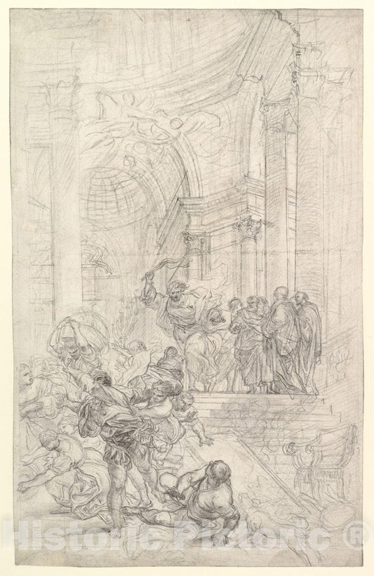 Art Print : Lorenzo de' Ferrari - Christ Driving The Money Changers from The Temple : Vintage Wall Art