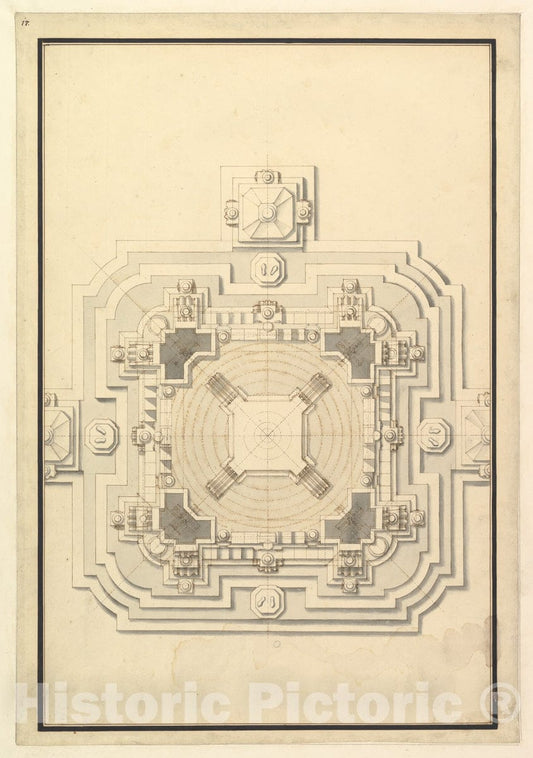 Art Print : Workshop of Giuseppe Galli Bibiena - Ground Plan for a Catafalque for Leopold, Duke of Lorraine (d. 1729) : Vintage Wall Art
