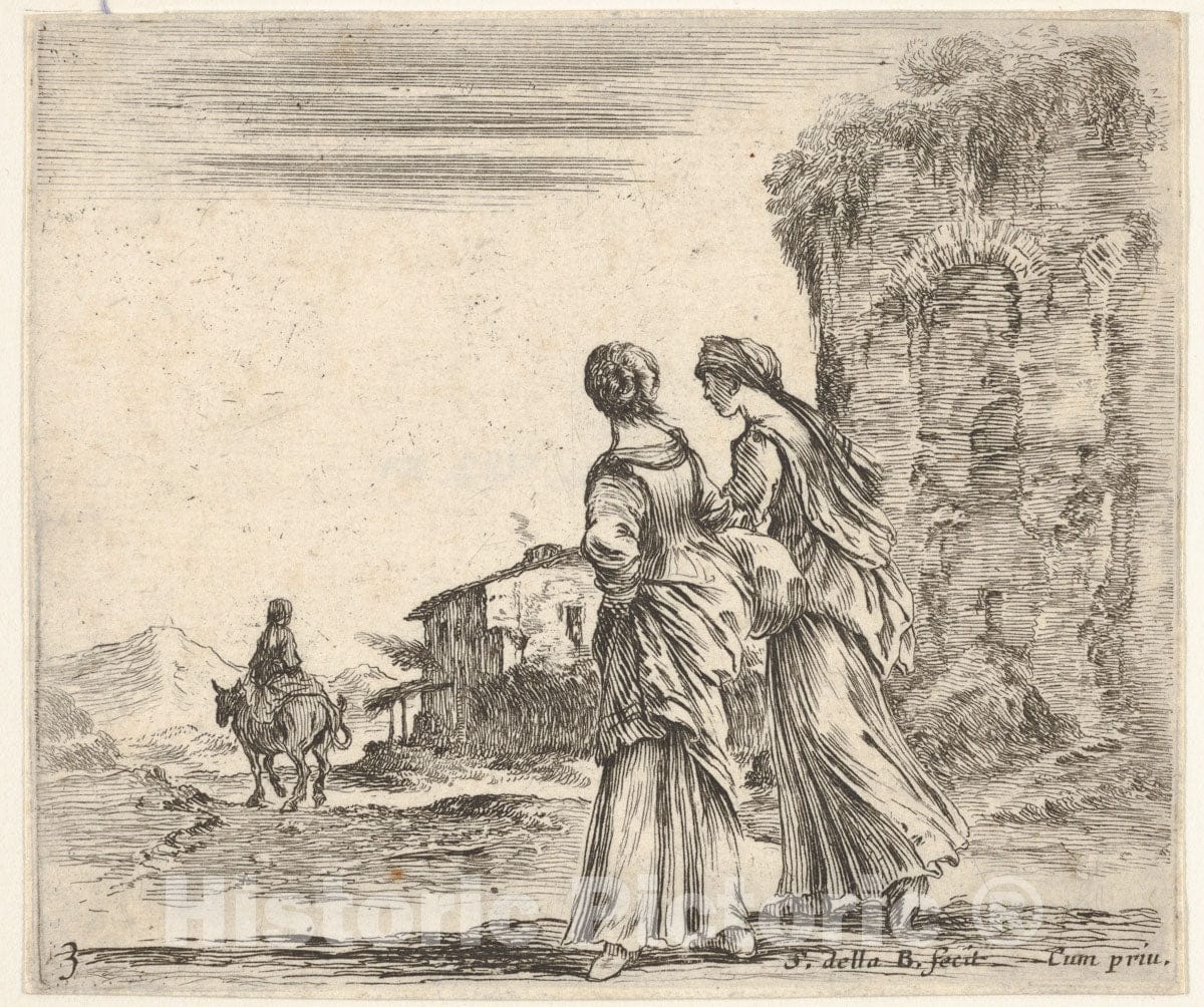 Art Print : Stefano Della Bella - Plate 3: Two Girls Walking Towards The Left, seen from Behind, a Woman on a Horse to Left in Background, from 'Diversi capricci' 1 : Vintage Wall Art