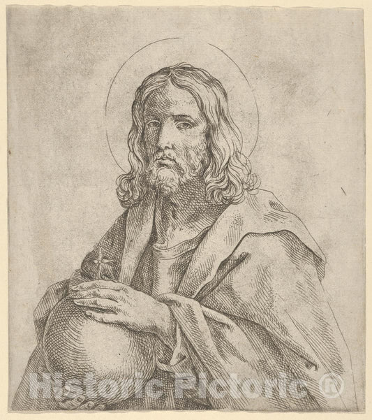 Art Print : Anonymous - Christ seen in Half-Length, Holding a Globe surmounted by a Cross, After Reni : Vintage Wall Art