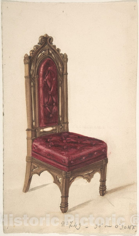Art Print : British, 19th Century - Gothic Style Chair with Dark Wood Frame and Maroon Upholstery : Vintage Wall Art