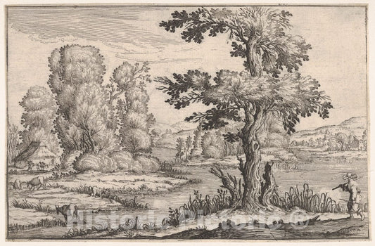 Art Print : Landscape with Goats grazing Near a River and a Figure in The Right Foreground - Artist: Ercole Bazicaluva - Created: 1638 : Vintage Wall Art