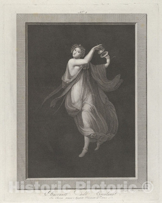 Art Print : Engraved by Aloysio Cunego - A Bacchante, a Garland on her Head, and Playing Cymbals, Set Against a Black Background Inside a Rectangular Frame : Vintage Wall Art