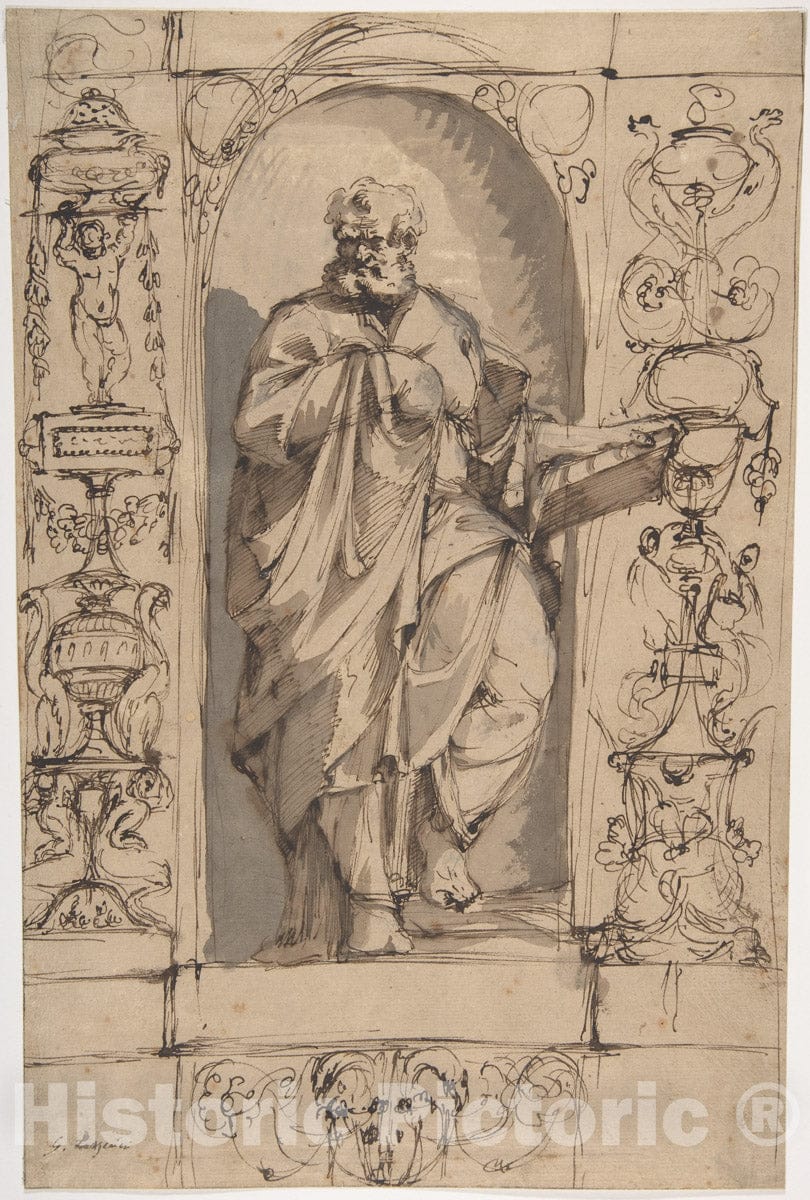 Art Print : Gregorio Lazzarini - Draped Male Figure Standing in a Niche : Vintage Wall Art
